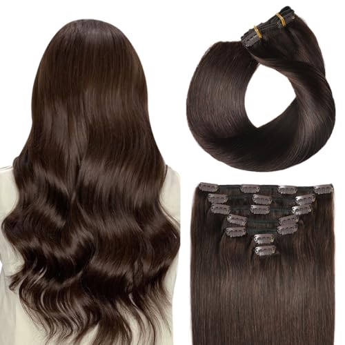 SUYYA Clip in Extensions Echthaar, Salon Remy Menschenhaar Extensions Echthaar Gerade Glatt Chthaar Extensions Clip Doppelt Genäht 14 Zoll 35cm 7 Stück 70G #2 Dunkel Braun