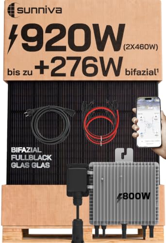 SUNNIVA® 920W Balkonkraftwerk mit 800W Wechselrichter DEYE, BIFAZIAL FULLBLACK komplett Steckdose, PV Solaranlage Komplettset mit 5 m Anschlusskabel und 4x 1m Solarkabel, 2x 460W N-Type Glas-Glas