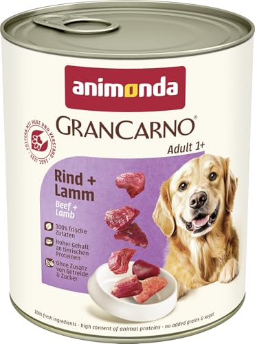 animonda GranCarno Hunde Nassfutter mit Rind + Lamm (6 x 800 g), getreidefreies Hundenassfutter ohne Zucker, für ausgewachsene Hunde, mit frischen fleischigen Zutaten