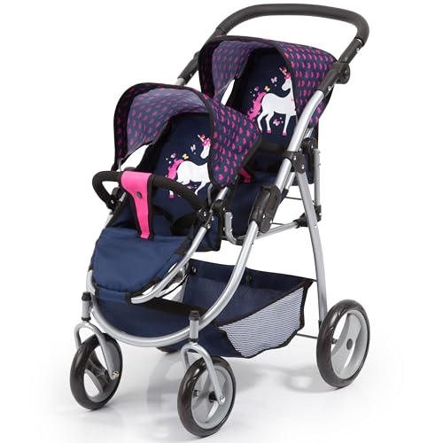 Bayer Design 26554AA Zwillingspuppenwagen für Puppen, modern, höhenverstellbarer Griff, zusammenklappbar, mit Einhorn Motiv, blau pink, 46 cm