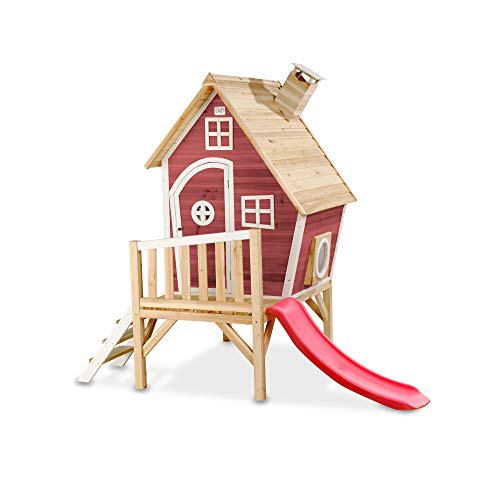 EXIT Toys Fantasia 300 Holzspielhaus für Draußen - Mit Rutsche, Treppe und Schornstein - Gartenhaus aus Holz für Kinder - Einfache Montage - 100% FSC Zedernholz - 246x166x227cm - Rot