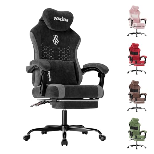 SUKIDA Gaming Stuhl, Ergonomischer Schreibtischstuhl mit Fußstütze Kopfstütze und Lendenkissen, Schreibtischstuhl mit Stoffoberfläche Hochwertiger - Stoff, Schwarz