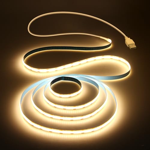 Aclorol COB LED Streifen Warmweiss 1M 5V USB Led Streifen 3000K Durchgehendes Licht Selbstklebend Hohe Dichte Gleichmäßiges lichtband Flexible Dekoration für Unterbau, TV Küche Wohnzimmer
