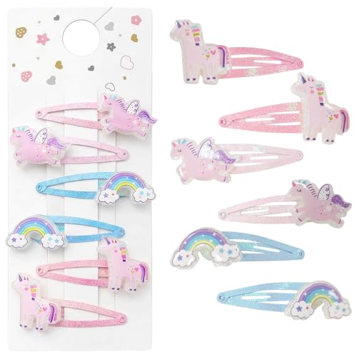 Canollo 6 Stück Haarspangen Mädchen, Einhorn Haarschmuck Geschenke Für Mädchen, Haarspangen Kinder Set, Haarschmuck Mädchenschmuck Mit Süßen Einhorn Und Regenbogen Motiven, Glänzend Haarspange (07)