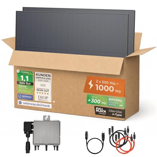 Solarway® 1000Wp / 800W Balkonkraftwerk - Deye SUN-M80G4-EU-Q0 800 Watt Wechselrichter - Komplettset mit 500W Solarmodulen, Wechselrichter & Zubehör – steckerfertige Mini-Solaranlage für die Steckdose