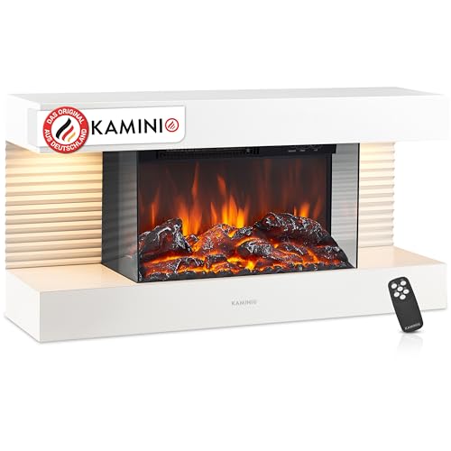KAMINIO Elektrokamin Liz - Elektrischer Wandkamin mit Heizung, 3D-Flammeneffekt, LED-Ambientelicht, Fernbedienung (Weiß)