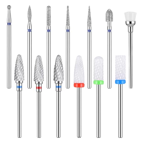Nagelfräser Aufsätze, 13-teiliges Nagelbohrer-Set, 3/32 Zoll Nagel-Bits für Nagelbohrer, 3Stück Wolframkarbid-Bohrer, 3Stück Keramik-Efile-Nagelbohrer, 6 Stück Diamantbohrer, 1 Stück Bürste