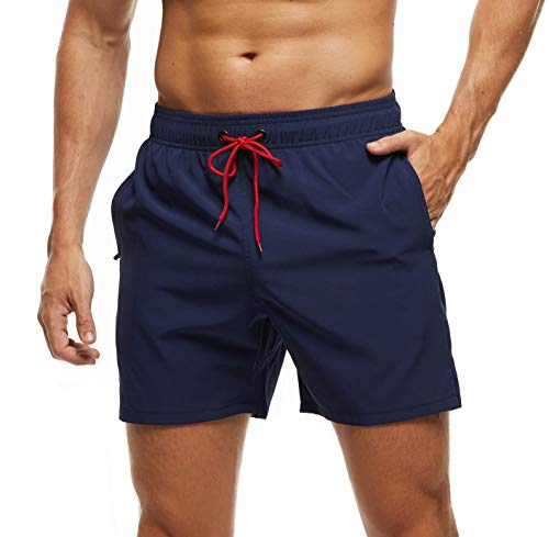 Arcweg Badehose für Herren mit Reißverschlusstasche Atmungsaktiv Wasserabweisend Badeshorts Männer Trainingsshorts Elastisch Verstellbar Mit Tunnelzug Meshfutter Dunkelblau L(EU)