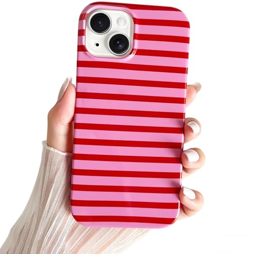 SmoBea Kompatibel mit iPhone 15 Hülle, Süßes horizontal Striped Handyhülle, weiches, schlankes, stoßfestes TPU-Telefoncover für Frauen und Mädchen, schön und stilvoll,Red