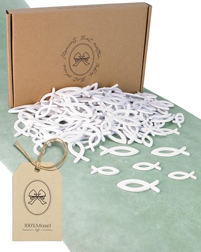 100% Mosel Streudeko Fische, 150 Stück, in Weiß – Tischkonfetti aus Holz für Taufe, Kommunion, Konfirmation – 2 Größen im Set – für DIY Dekoration zu Familienfeiern