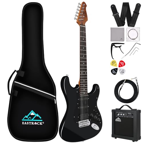 Eastrock E Gitarre Set E Guitar 39 Zoll Elektrogitarre mit Gitarre Tasche, Plektrum, Gurt, Instrumentenkabel, Ersatzsaiten, Geeignet für Anfänger und Erwachsene, E Gitarren Set in Schwarz