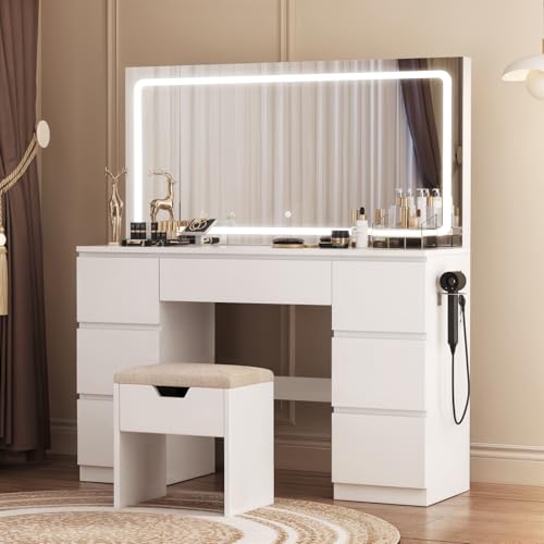 TRIUMPHKEY Schminktisch Groß mit Spiegel und LED Beleuchtung 115cm,Farbtemperatur Einstellbar, 7 Schubladen Schminktisch mit Steckdose Dressing Table mit Hocker,115x40x139cm,Weiß