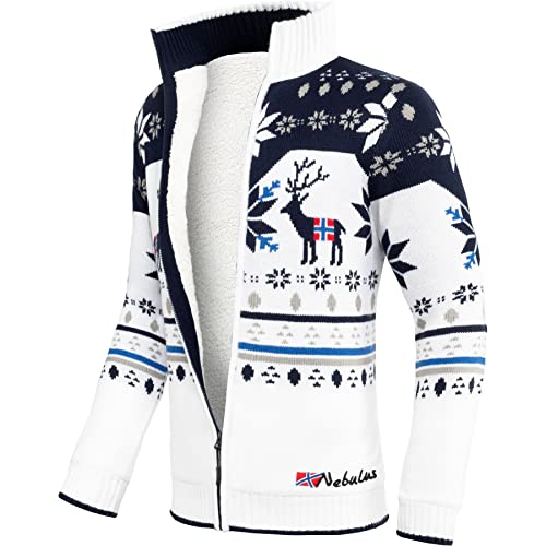 Nebulus Herren Norweger Strickjacke SVERRE, gefütterte Jacke, mit Reißverschluss, Offwhite-Navy - S