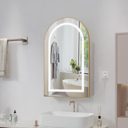Spiegelschrank Bad mit Beleuchtung und Antibeschlag Funktion Hängend Badezimmer Spiegelschrank mit 3 Glas Einlegeböden Gewölbter Bad Spiegelschrank mit Steckdosen für Badezimmer Toilette Gold Beige