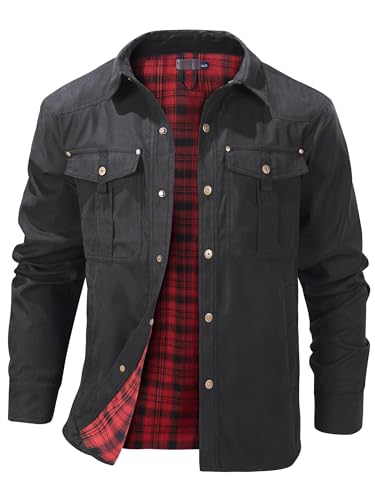 Mr.Stream Herren Karierte Flanellfutter Jacke Übergangsjacke Leicht Stehkragen Feldjacke Cargo Herbstjacke Snap Western Cowboy Jacken 3268 Black L