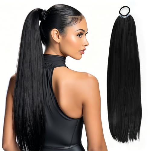 Zopf Haarteil Schwarz, 60cm Ponytail Verlängerung Extensions mit Haargummi