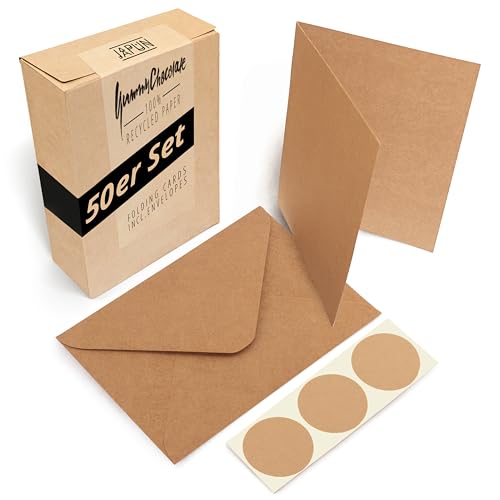 Japun - 50er Set blanko Falt-Karten inkl. Briefumschläge, Klapp-Karten zum gestalten, beschriften oder bedrucken - DIN A6 / C6 - braun