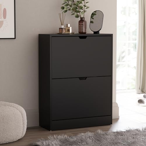 Vida Designs Schuhschrank mit 2 Schubladen, platzsparender Schuhschrank mit 2 Klappschubladen, für Flur und Wohnzimmer, 100% FSC-Zertifiziert (schwarz)