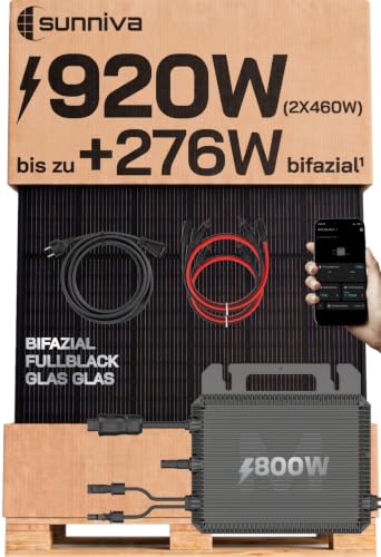SUNNIVA® 920W Balkonkraftwerk mit 800W Wechselrichter MARSTEK, BIFAZIAL FULLBLACK komplett Steckdose, PV Solaranlage Komplettset mit 5 m Anschlusskabel und 4x 1m Solarkabel, 2x 460W N-Type Glas-Glas