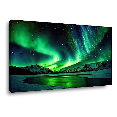 Visario Leinwandbild Nordlicht 80x60 cm – Wandbild auf Holzrahmen – Polarlichter über Bergen – Hochwertiger Kunstdruck für Wohnzimmer, Schlafzimmer & Büro – Fertig zum Aufhängen