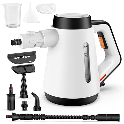 Fippesax Handdampfreiniger, 400 ml Druck-Mehrzweckdampfreiniger mit 9-teiligem Zubehör, chemikalienfreier Dampfreiniger für den Heimgebrauch, Reinigung von Böden, Fliesen, Fenstern, Sofas (weiß)