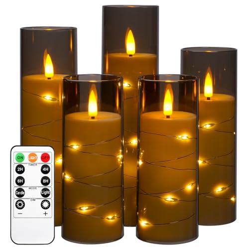 Da by 5 Stück Graue LED Kerzen mit Feenlichtkette, Schwarzer Flackerflamme, Graue Glasabdeckung, Batteriebetrieben mit Fernbedienung, Wetterfest für Innen- & Außendekoration