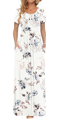 AUSELILY Damen Kurzarm Sommer Casual Long Maxi Kleider mit Taschen Weiße Blumen L