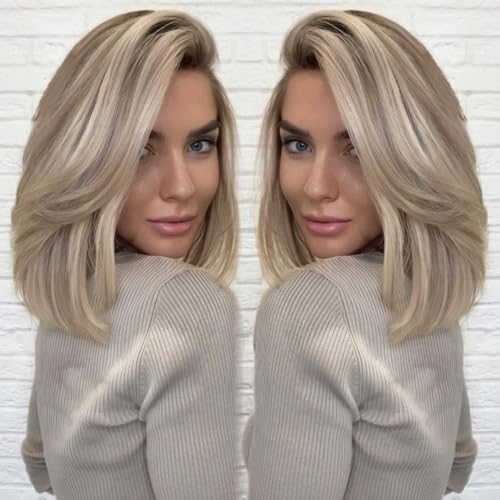 220 % Highlight, Esche, blond, Bob Perücke, Echthaar, vorgefedert, vorgeschnitten, Schatten, Esche, Braun, kurz, gerade, weich, 13 x 4, UHD Spitze vorne, echtes Echthaar, Perücken für Frauen, 30,5 cm