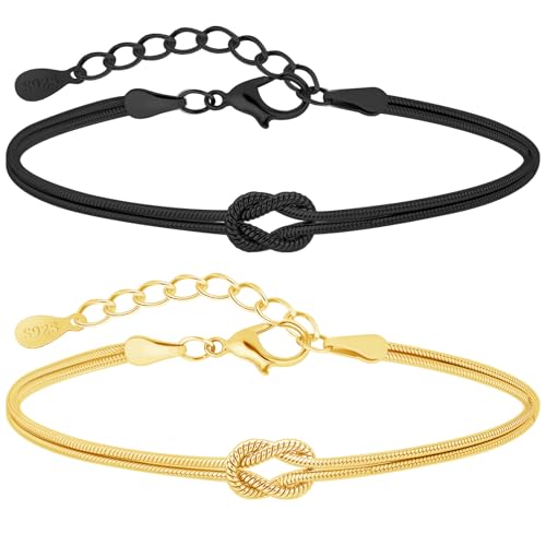 J.Fée 2Pcs Knoten Armband Damen Silber 925, Verstellbare Pärchen Armband, Freundschaftsarmbänder, Paar Armbänder Set, Schmuck Damen, Geschenke für Frauen Geburtstag Jahrestag, Gold+Schwarz
