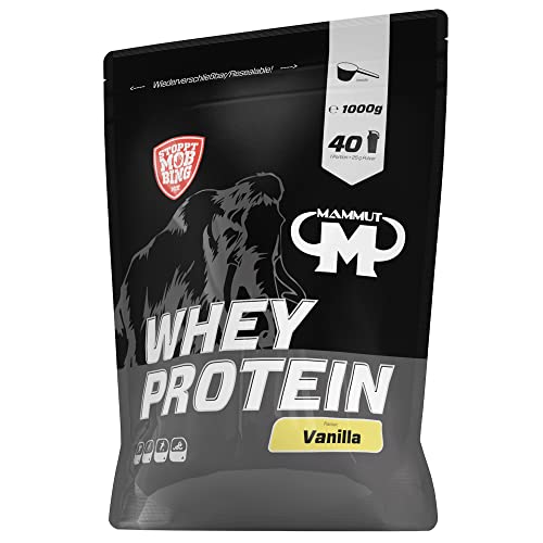 Mammut Nutrition Whey Protein Pulver Vanilla – 1kg – 27g Protein pro Portion – Eiweißpulver mit hohem BCAA-Anteil – Perfekte Löslichkeit in Wasser & Milch – Ideale Zwischenmahlzeit