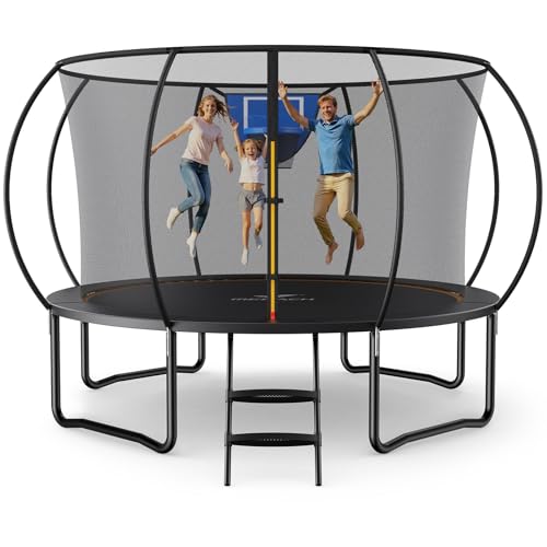 MERACH Trampolin Outdoor 305 cm/366 cm/427 cm/488 cm, Trampolin Sicherheitsnetz und Basketball, MaxLoad 150KG Bodentrampolin Outdoor Gartentrampolin