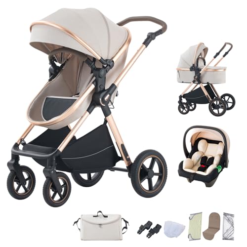 BEBBY 3-in-1 Kinderwagen KombiKinderwagen-Set 2-in-1 Buggy faltbar Luxus Hochlandschaft Neugeborenes Tragbarer Zusammenklappbarer Kinderwagen Travel System (D2-RICEWHITE, H2-D)