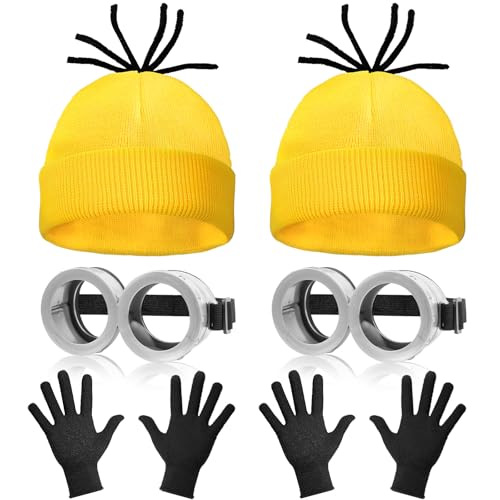 WEARXI Karneval Kostüm Damen, 3/4/6PC Gelbes Kleidung Set, Fasching Kostüm Damen Erwachsene Karnevalskostüm für Party Cosplay für Herren Kinder, Mütze Brille Hosenträger Handschuhe