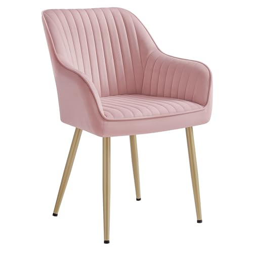 SONGMICS Esszimmerstuhl, Küchenstuhl, Sessel, Samt, Polsterstuhl mit Armlehnen, Loungesessel, bis 120 kg belastbar, Metallbeine, für Esszimmer, Küche, pastellrosa-blassgold LDC087R01