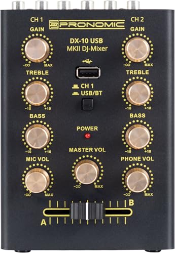 Pronomic DX-10 USB MKII DJ Mixer - kompakter 2-Kanal-DJ-Mixer - zwei Line-Eingänge - 2-Band Equalizer - Bluetooth und USB - Mikrofoneingang - Kopfhörerausgang - schwarz