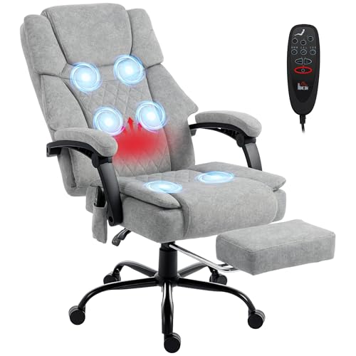 HOMCOM Bürostuhl mit Massagefunktion, Ergonomisch Schreibtischstuhl mit Liege- & Wärmefunktion, Breiter Sitzfläche, Bedrucktem Samtoptik Höhenverstellbar Drehstuhl mit Fernbedienung, Seitentasche Grau