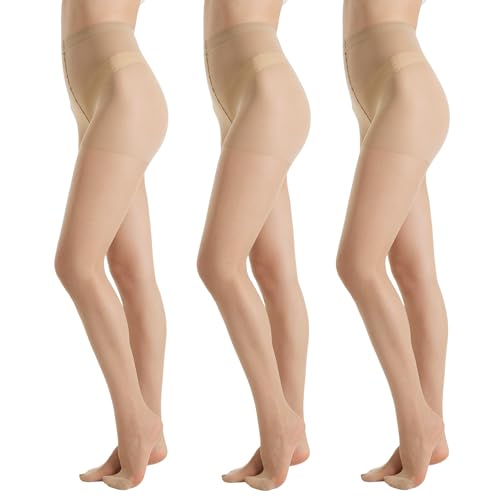 DIKER 3er-Pack Strumpfhosen Damen,Strumpfhosen für Damen 20 DEN Feinstrumpfhose Damen Transparent Mattes Finish Seidig Weich, Verstärkte Fußspitze, Hautfarben