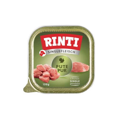 RINTI - Singlefleisch | Nassfutter für Sensible, ausgewachsene Hunde mit 100% Putenfleisch. Alleinfutter in Schälchen ohne Getreide, Kohlenhydrate und künstliche Zusätze | 10x150g Pute Pur