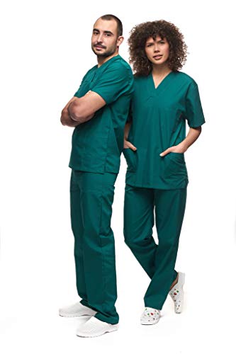Mazalat, Unisex medizinische uniform Set mit Kasack und Hose, Medical Schrubb-Set, Pflege Berufsbekleidung, Grün, L