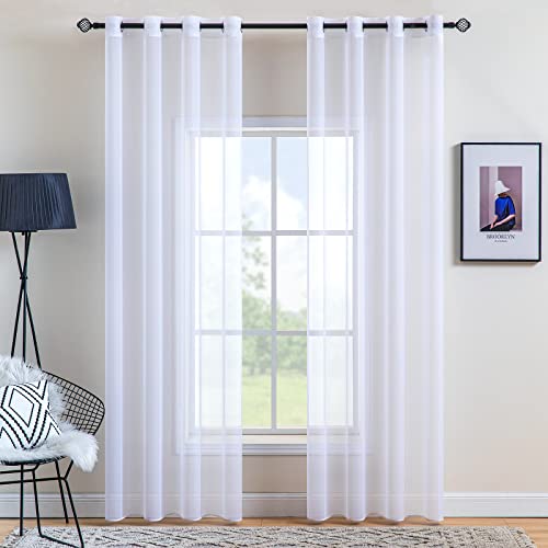 MIULEE 2er Set Voile Vorhang mit Ösen Transparente Gardine aus Voile Polyester Wohnzimmer Luftig Dekoschal für Schlafzimmer Weiß 245 x 140cm (H x B), Grommet Top