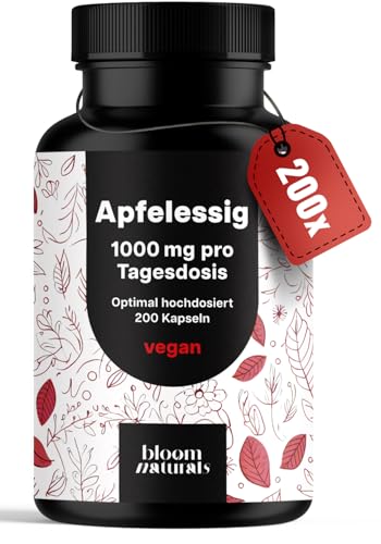 Apfelessig Kapseln - 200 Kapseln Hochdosiert - 1000mg pro Portion - Apple Cider Vinegar Kapseln, Apfelessig Tabletten - Vegan, produziert in Deutschland, laborgeprüft