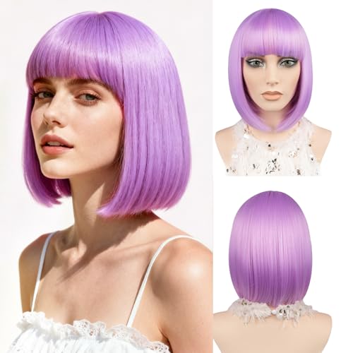 JIAMEISI Kurze Bob Perücke mit Pony Lila 30cm Synthetische Glatte Lila Perücke für Damen Modische Cosplay-Partys Weihnachten Halloween tägliche Nutzung (Lichtlila)
