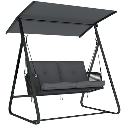Outsunny Hollywoodschaukel Rattan 2-Sitzer Gartenschaukel mit Verstellbarem Sonnendach weichem Kissen A-Rahmen, Schaukelbank belastbar bis 240kg, für Garten Terrasse 150 x 128 x 168 cm Dunkelgrau