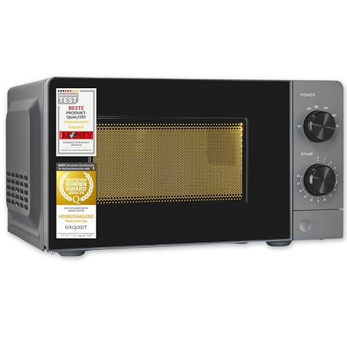 Exquisit Mikrowelle | 20 l Garraum, 700 W Leistung, 6 Leistungsstufen, Standgerät | Auftau-Programm, manuelle Steuerung, mechanische Zeitschaltuhr, Innenbeleuchtung, Glas-Drehteller | MW850-070 grau