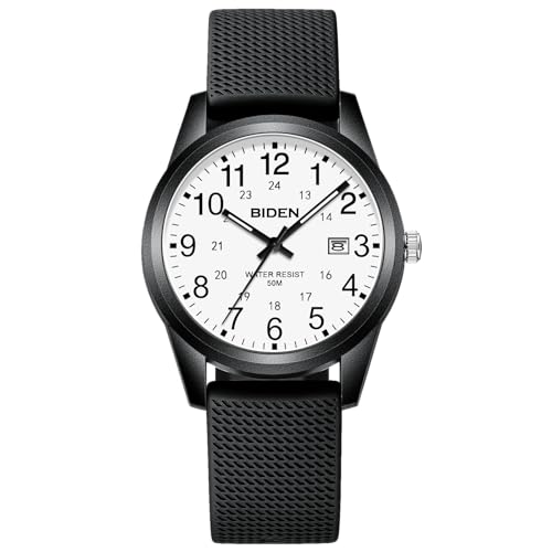 LN LENQIN Herren Analog Uhren 30M Wasserdicht Feld Uhren mit Silikon-Bänder für Männer Licht einfache militärische Uhren mit Datum -Weiß