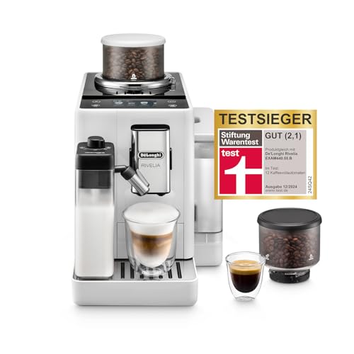 De’Longhi Rivelia - Perfetto Kaffeevollautomat mit LatteCrema-Milchaufschäumer, 16 One-Touch-Getränke, farbiges Touch-Display, austauschbare Bohnenbehälter, Weiß (EXAM440.55.W)