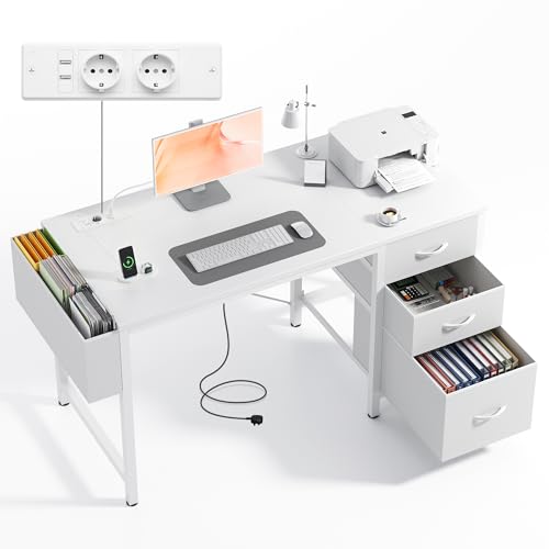 Claiks Kleiner Schreibtisch mit 3 Schubladen aus Stoff, 120x60 cm Computertisch mit 2 Steckdosen und USB-Anschlüssen, PC-Schreibtisch Bürotisch für Home Office,Weiß
