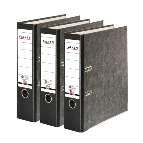 Original Falken 3er Pack Recycling-Ordner Wolkenmarmor. Made in Germany. 8 cm breit DIN A4 schwarzer Rücken Ringordner Aktenordner Briefordner Büroordner Pappordner CO2-Neutral Blauer Engel