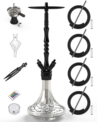 NOBLE HOOKAH 100cm Shisha Set 4 Anschlüsse mit LED Licht Shisha Kopf XXL Shisha 4 Schlauch aus Aluminiumrohr mit Molassefänger,Ausgestattet mit 4 Silikonschläuchen und Griff