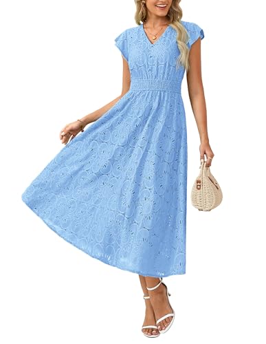 GRACE KARIN Damen Boho V-Neck Kurzarm Kleid Lässiges Ärmelloses Maxikleid mit Spaghettiträgern Falten und lockerer A-Linien Strandkleid Festliches Kleid mit Taschen Blau M